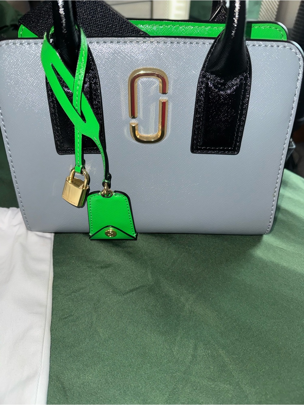 Marc Jacobs Big Shot Gray Satchel with Neon Green and BlueTrim and Black Handles